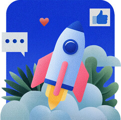 Rocket launching above clouds with chat and thumbs up icons, Startup growth and business success concept