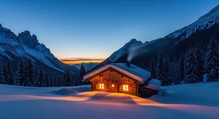 Fototapeta premium Cozy cabin in snowy mountain landscape at sunset