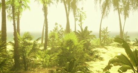 Vibrant tropical plants and palm trees surround a sandy beach, creating a serene landscape. The sun rises softly in the background, mixing with a gentle mist over the ocean.