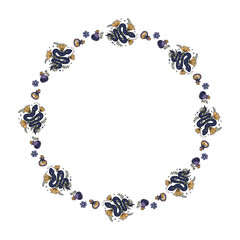 Mystical Snake Round Frame. Decorative circular floral wreath in dark blue Mysterious Kundalini, Flowers and magical potion bottles. Textured Hand Drawing Doodle. Vector Illustration. Not AI