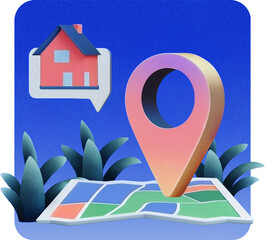 Location pin on map with house icon, GPS tracking and home address
