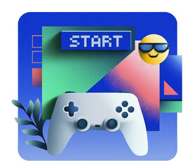 Game controller with start button and sunglasses emoji, Video game launch screen