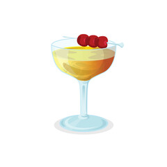 A refreshing classic Manhattan cocktail with cold ice cubes and sweet cherries, perfect for restaurant or bar menu design or summer themed design.