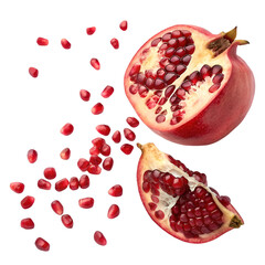 Falling pomegranate seeds isolated on white background. Top view.