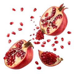 Falling pomegranate seeds isolated on white background. Top view.