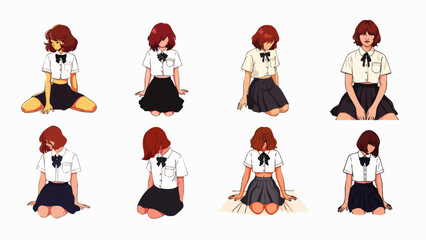 A collection of illustrated young women in school uniforms, each in various sitting poses, set against a clean white background.