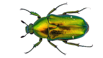 Iridescent green beetle viewed from above on black background