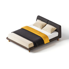 Modern Gray Bed with Yellow Blanket and Pillows 3D Render Bedroom Interior