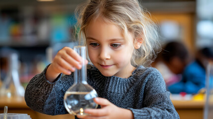 A young girl conducts a scientific experiment by pouring liquid into a flask in a science class