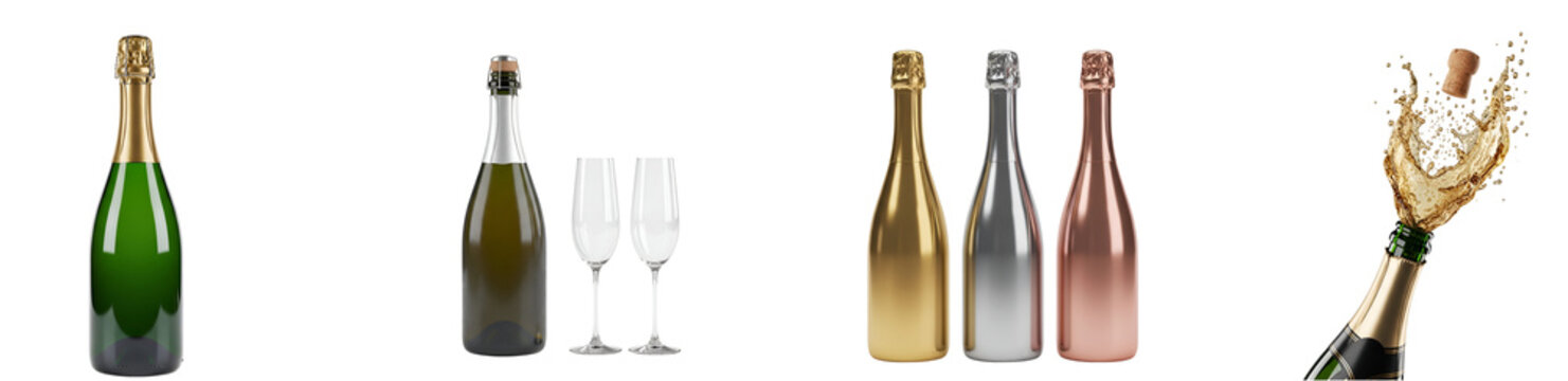 Assortment of champagne bottles and glasses with one bottle exploding with liquid in a studio shot on transparent background