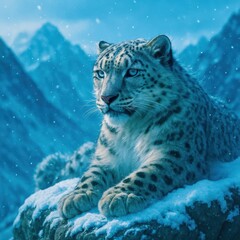 A white tiger is laying on a rock in the snow