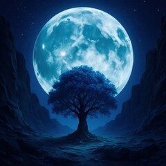 A large blue moon is in the sky above a tree
