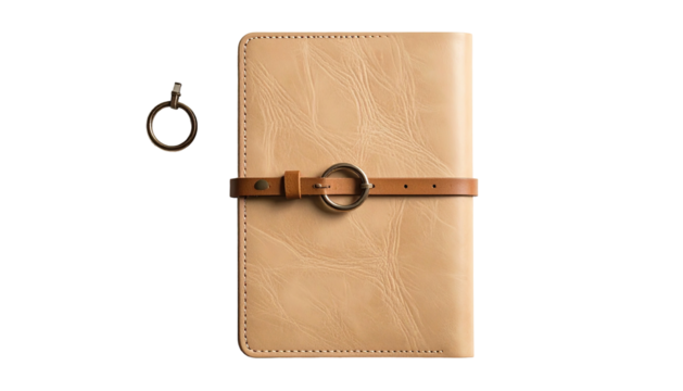 Beige leather journal with metal ring closure, dark background
