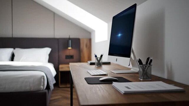 Modern workspace with bed in the background. Computer, papers, pen holders, & sleek wood desk