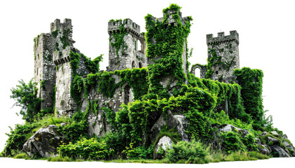 Ruined stone castle covered in ivy, sits atop rocky outcrop