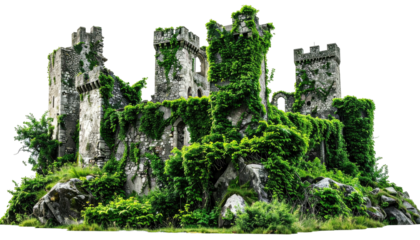 Ruined stone castle covered in ivy, sits atop rocky outcrop