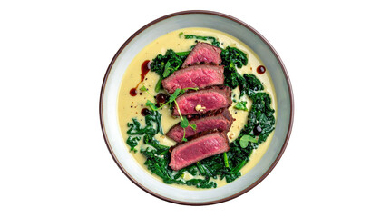Rare sliced steak on spinach with creamy sauce in a bowl
