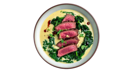 Rare sliced steak on spinach with creamy sauce in a bowl