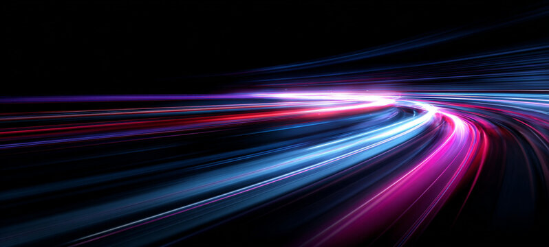 Motion blur captures neon light trails streaking across highways, forming dynamic patterns of speed, motion, and futuristic energy.