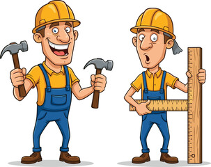 Cartoon construction workers with hammer and ruler, funny builder characters illustration, smiling and surprised workers, playful measurement teamwork building artwork
