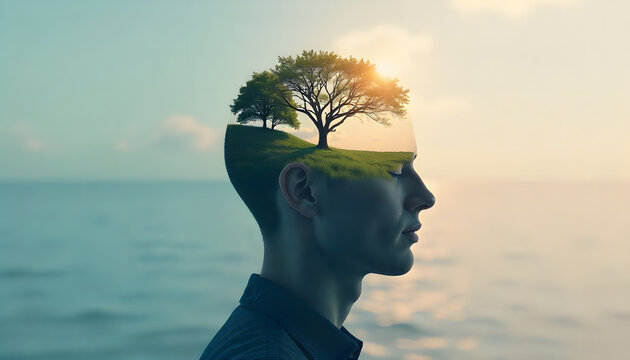 Human head silhouette natural landscape tree sunset ocean double exposure creative concept