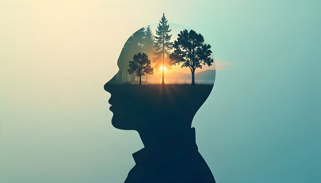 Human head silhouette filled with natural landscape and sunset, evoking calm and reflection