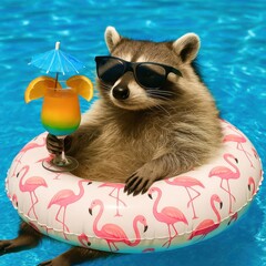 A raccoon is sitting in a pink flamingo float with a drink in a glass