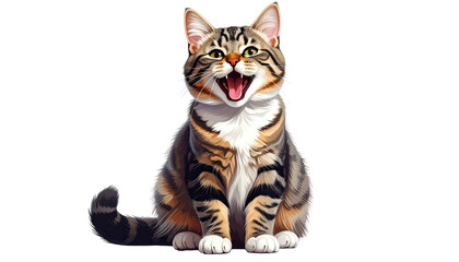 Smiling tabby cat with mouth wide open, vibrant and cartoonish