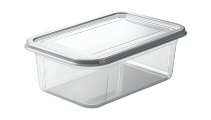 Clear, rectangular food container with lid, angled view