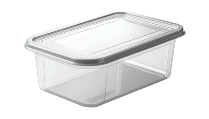 Clear, rectangular food container with lid, angled view