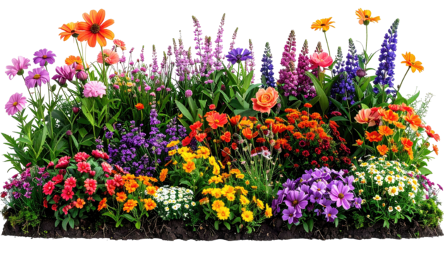 Vibrant garden; many flowers, varied colors, lush growth
