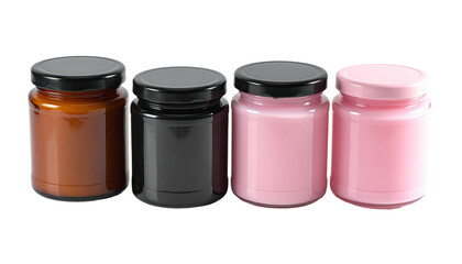 Four filled jars brown, black, light and dark pink tints