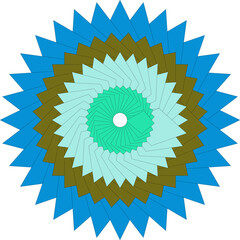 Geometric Fractal Radial Pattern with Teal, Light Blue, and Olive Green Concentric Layers on White Background