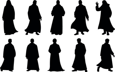 Silhouette figures wearing robes or cloaks in various poses vector illustration