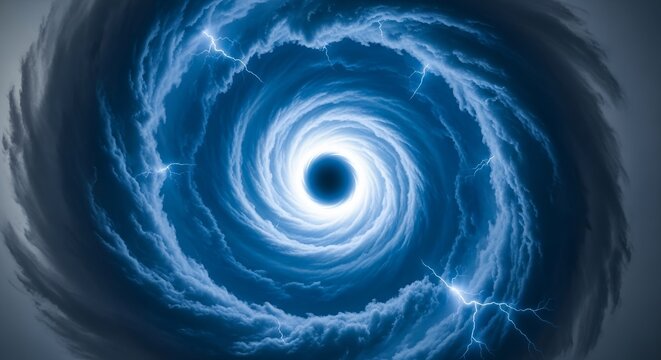 A swirling vortex of blue clouds and lightning, resembling a cosmic wormhole or a powerful storm, evoking mystery and energy.jpeg
