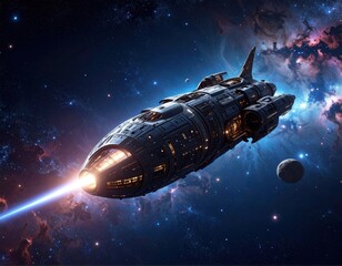 Futuristic spacecraft traveling through a nebula, with a glowing beam