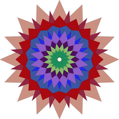 Symmetrical Geometric Mandala Pattern with Vibrant Colors and Sharp Edges on White Background