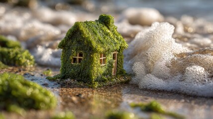 Miniature house on seaside shore, covered with algae as waves advance. Symbol of floods, tsunamis, and property risk needing insurance protection.