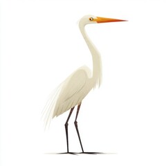 Obraz premium Elegant white egret bird with orange beak standing tall in sunlight.