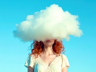 A woman with red hair is wearing a white dress and has a cloud on her head