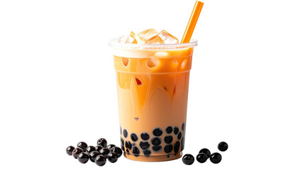 Thai iced tea in a clear plastic cup, pearls scattered
