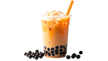 Thai iced tea in a clear plastic cup, pearls scattered