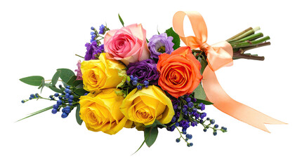 Roses, lisianthus, berries tied with ribbon on black background