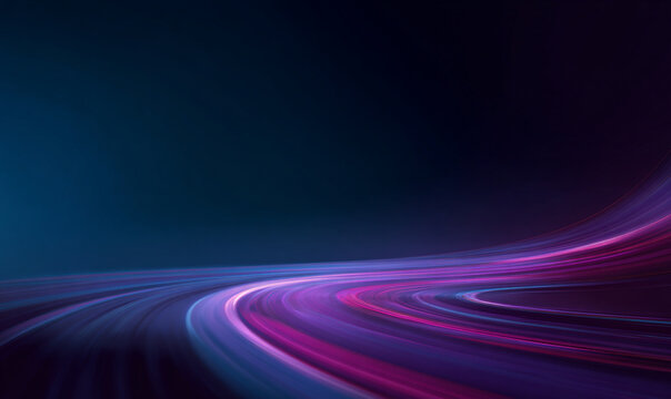 Dynamic light trails curve and twist above dark roads, forming futuristic patterns that capture speed and motion in neon colors.