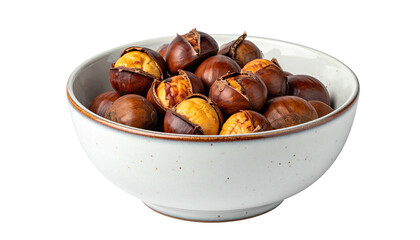 Bowl filled with roasted chestnuts, some cracked open