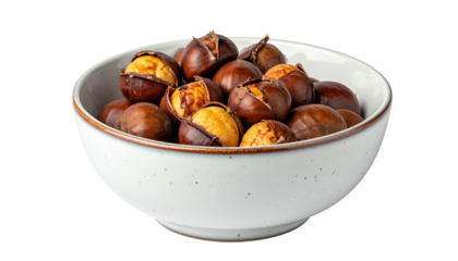 Bowl filled with roasted chestnuts, some cracked open