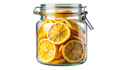 Glass jar filled with dehydrated, sliced, bright, yellow lemons