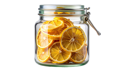 Sliced lemons in jar. Summer garnish, dried. Bright, clear