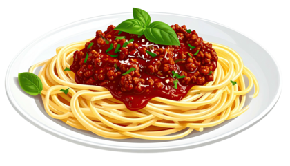 Spaghetti on a plate with meat sauce and basil garnish