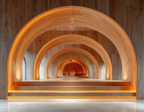 Interior architectural wooden arches with hidden lighting